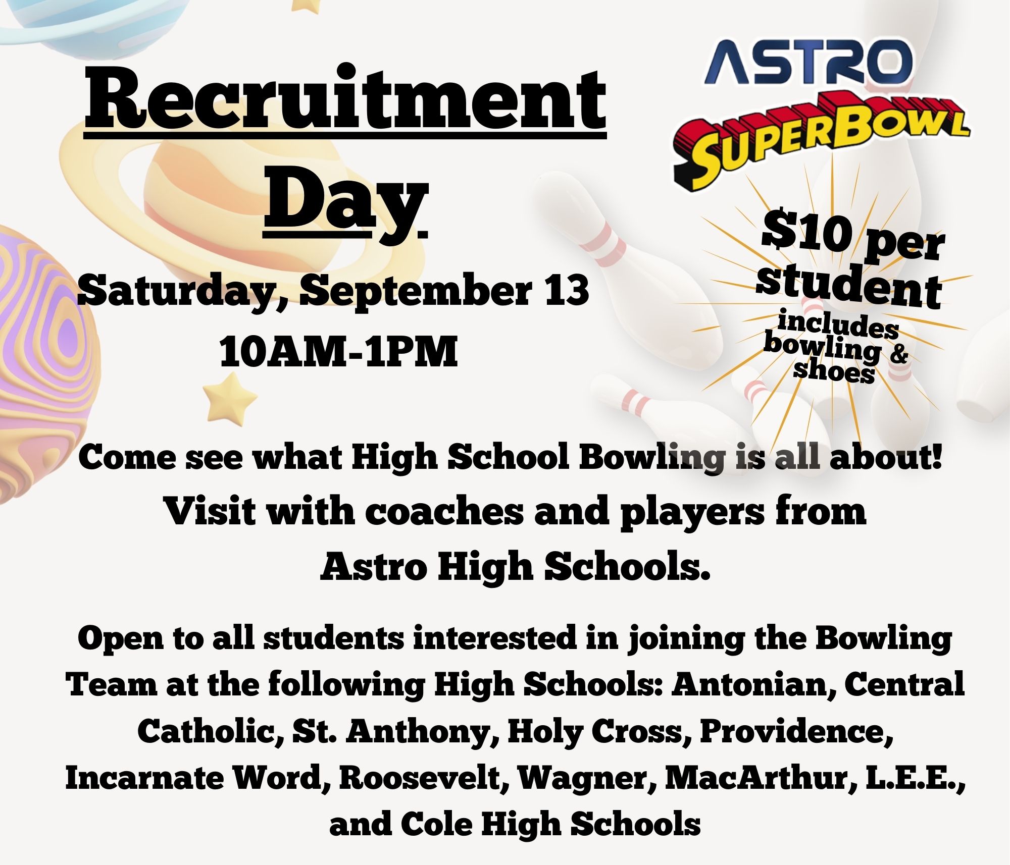 High School Bowling recruiting day Saturday September 13 at 10 am